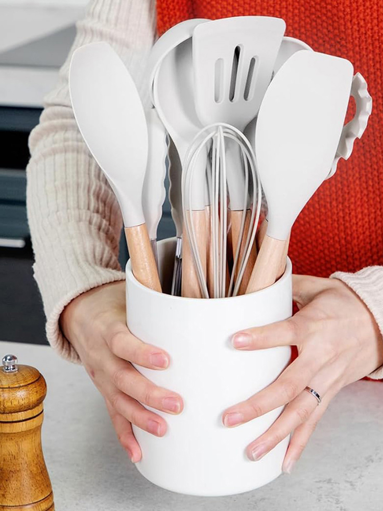 Home Cooking Services - 12-teiliges Küchenutensilien-Set, hitzebeständiges Kochgeschirr, Holzgriff, antihaftbeschichteter