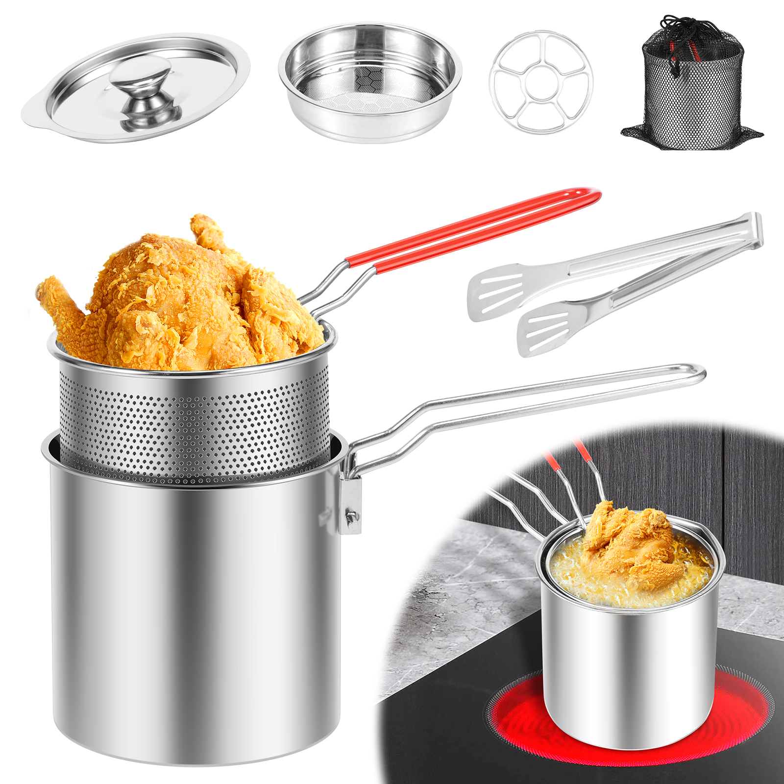 Home Cooking Oil - Fritteusentöpfe aus Edelstahl, Frittiertopf, tragbare Küchenöl-Fritteusentöpfe