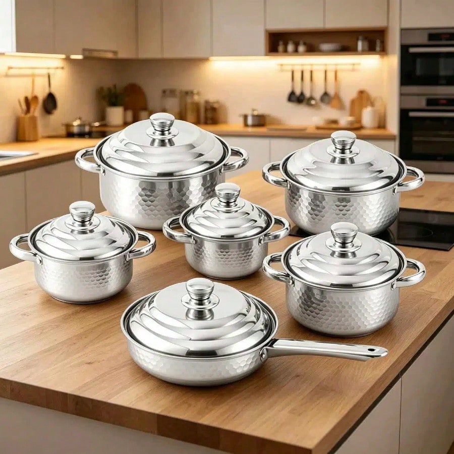 Mom'S Home Cooking - 12-teiliges Kochgeschirr-Set, robustes Silber-Edelstahl-Topf- und Pfannen-Set