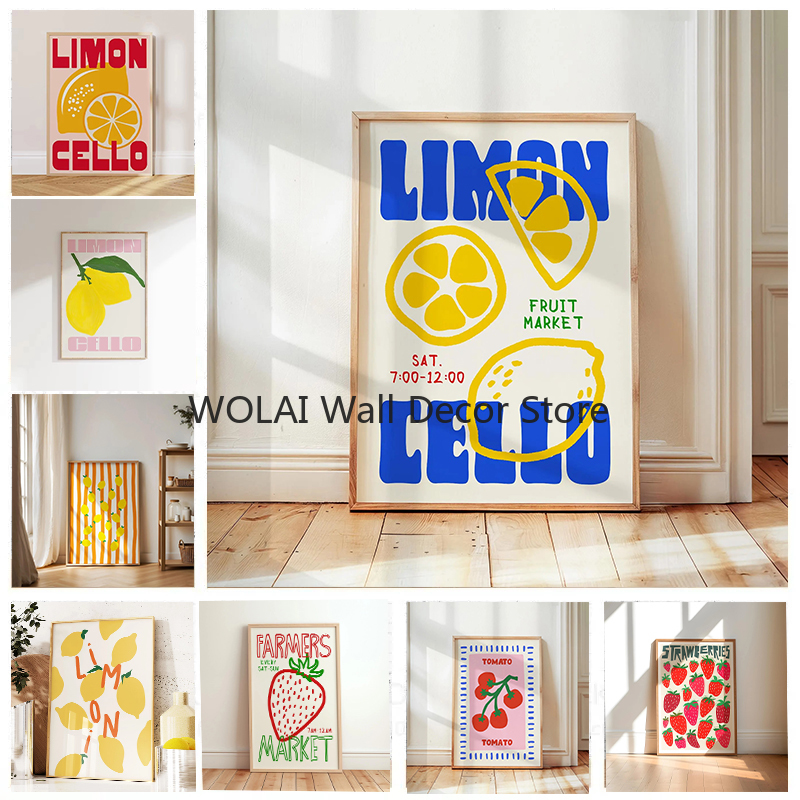 Home Cooking Oil - Retro-Zitronen-Leinwandbild: Positano Zitronen- und Erdbeer-Fruchtmarkt-Poster für