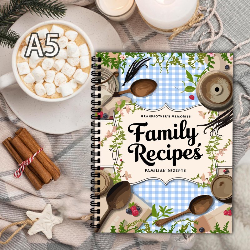 Home Cooking Book - A5-Rezeptbuch, blaues Raster, Rankenmuster, das perfekte